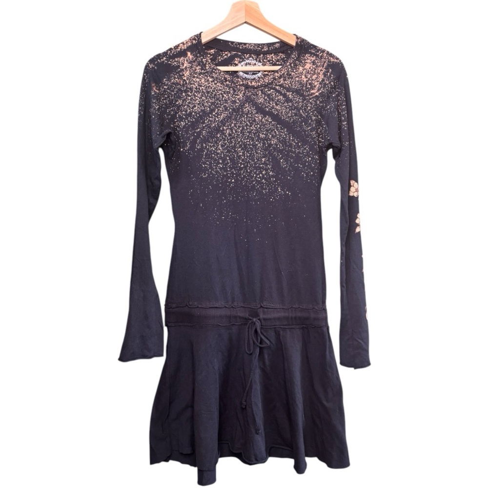 Black Long Sleeve Drawstring Waist Dress Floral and Bleach Splash Design Small